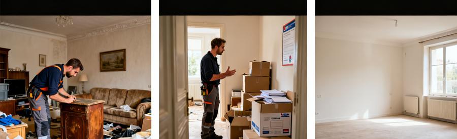 Professionnels évaluant des meubles et cartons avant un débarras à Châtellerault, avec un salon propre en arrière-plan.