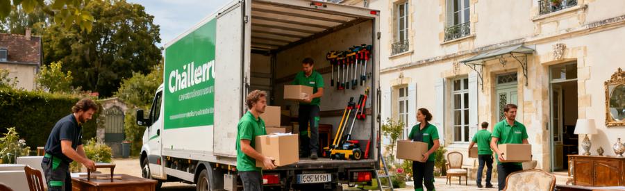 Débarrasseurs professionnels en action devant une maison de Châtellerault, cartons et meubles en chargement.