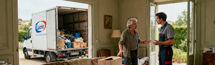 Un professionnel du débarras écoute un client dans un salon chargé de cartons et de vieux meubles.