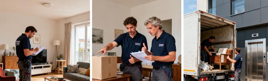 Débarrasseur examinant des meubles dans un salon, évaluation d'objets, camion de débarras garé.