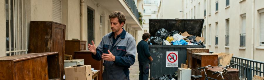 Un professionnel évalue un couloir encombré de meubles, cartons et vélos dans une copropriété, illustrant la nécessité d'un débarras.