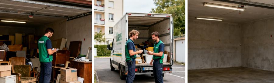 Trois étapes du débarras en copropriété : inspection, évaluation et nettoyage final d'un garage.