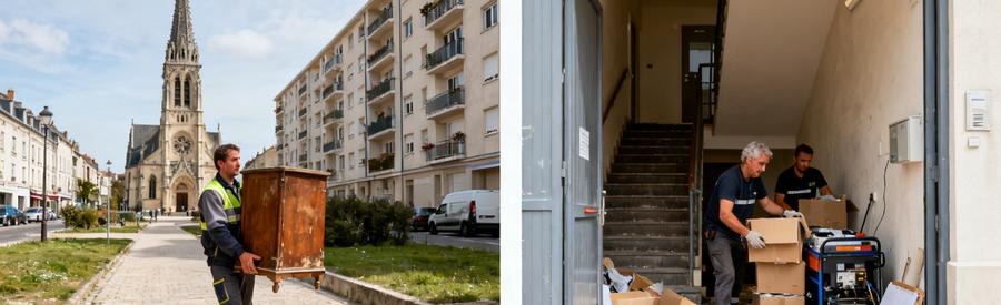 Professionnels d'un débarras à Corbeil-Essonnes, entre centre-ville historique et grands ensembles résidentiels, en action.