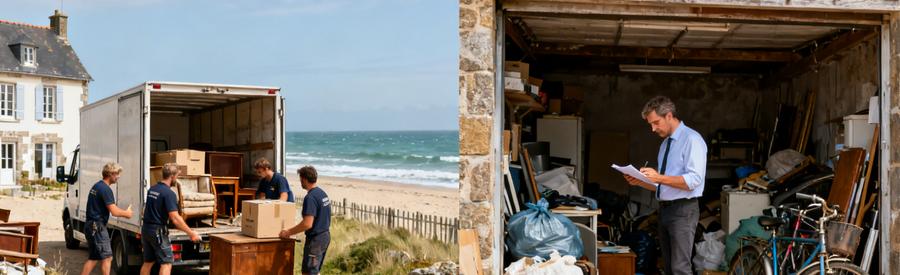 Débarras professionnel dans les Côtes-d'Armor: débarrasseurs chargent meubles en bord de mer et évaluent garage rural en désordre.