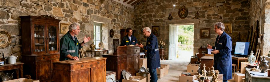 Professionnels en débarras évaluant des vieux meubles dans une longère en pierre des Côtes-d'Armor.