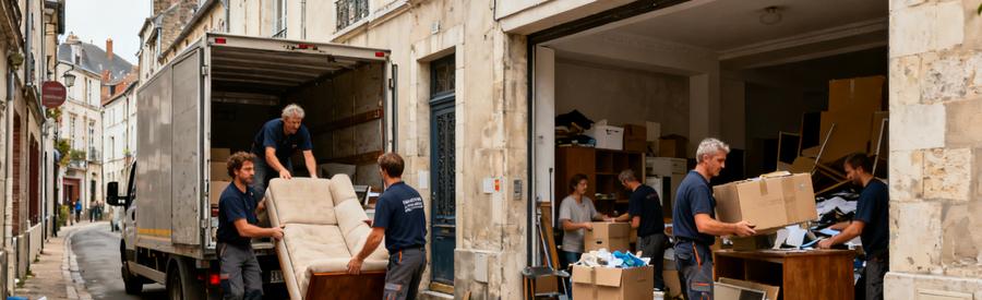 Des professionnels du débarras manœuvrant des meubles dans le centre ancien de Creil, illustrant les défis logistiques.