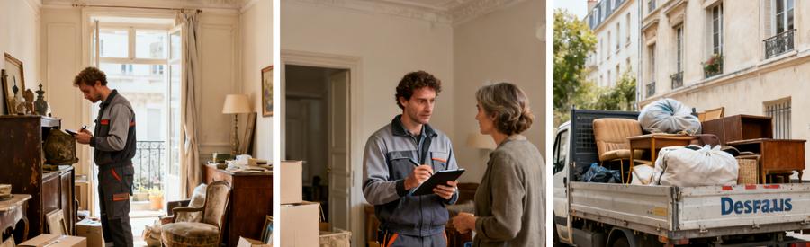Professionnels du débarras évaluant des objets dans un appartement avant le chargement dans leur camionnette.