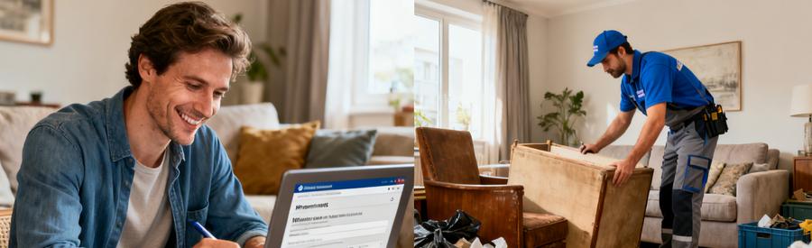 Un client remplit une demande sur ordinateur, à gauche ; un professionnel inspecte des meubles, à droite.
