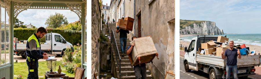 Professionnels du débarras à Dieppe évaluant des objets dans diverses situations, pavillon et ruelle.