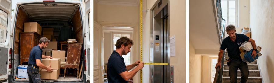 Trois scènes illustrant les défis variés d'un débarras, de l'accès facile au rez-de-chaussée à l'étage supérieur.