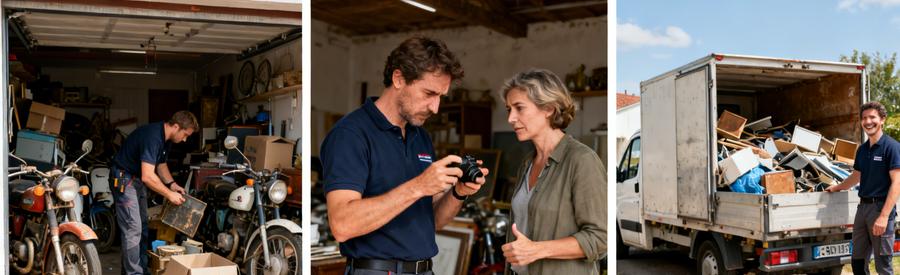 Un professionnel en train d'évaluer des objets, photographiant pour le débarras, et une camionnette chargée prête à partir à Dole.