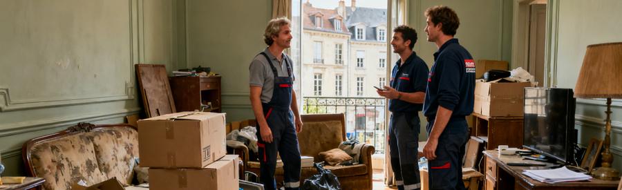 Débarras professionnel à Dole avec experts évacuant des objets dans un appartement encombré.