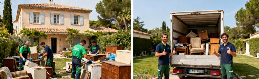 Débarras de maison à Draguignan : avant avec jardin encombré et après nettoyé, montrant des professionnels au travail.