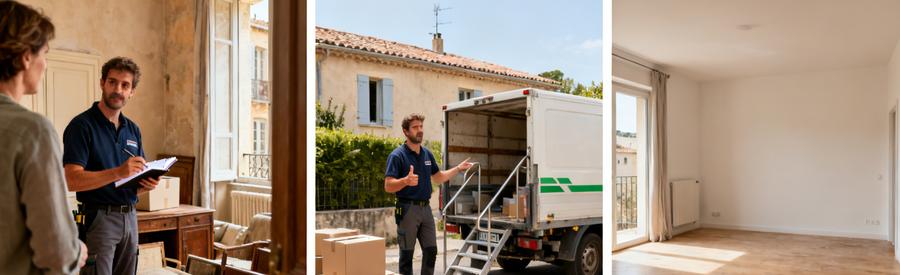 Débarrasseur évaluant des meubles dans un appartement, puis inspectant un pavillon, et enfin un salon vidé à Draguignan.