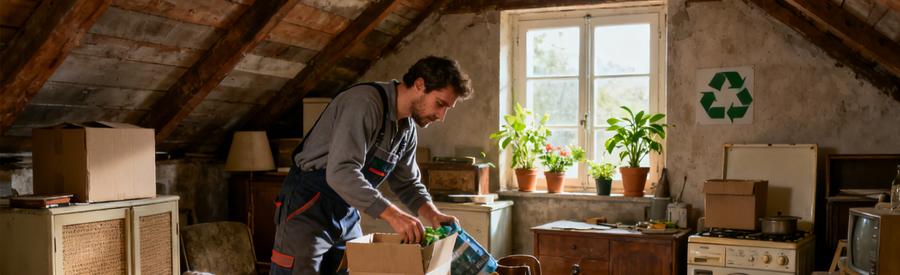 Debarasse Eco Responsable Tri Objets Un professionnel trie des objets dans un grenier, illustrant un débarras éco-responsable et engagé dans le recyclage.