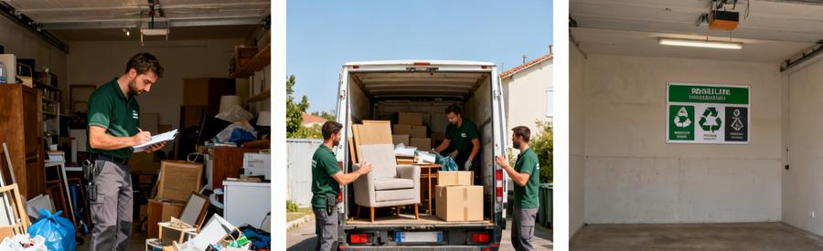 Debarasse Eco Responsable Tri Recycle Professionnels effectuant un débarras éco-responsable, triant, recyclant et laissant un garage propre et organisé.