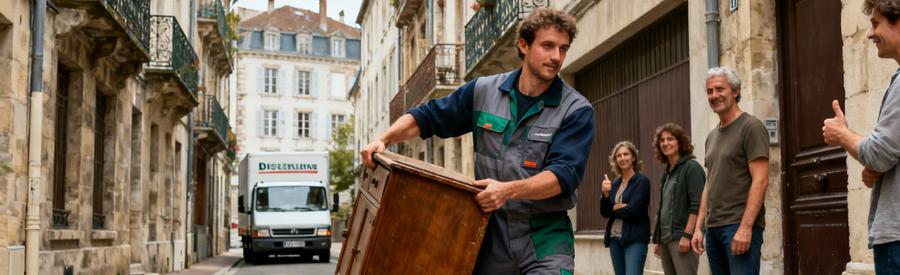 Un professionnel déplace un meuble dans une ruelle étroite d'Épinal, entouré d'immeubles historiques.