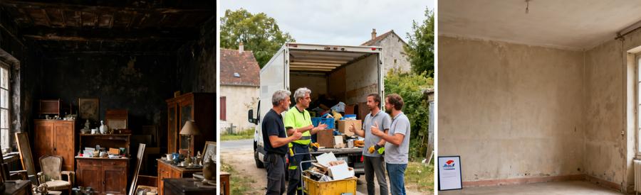 Scènes illustrant le processus de débarras de succession en Eure-et-Loir, montrant avant, pendant et après le tri des objets.