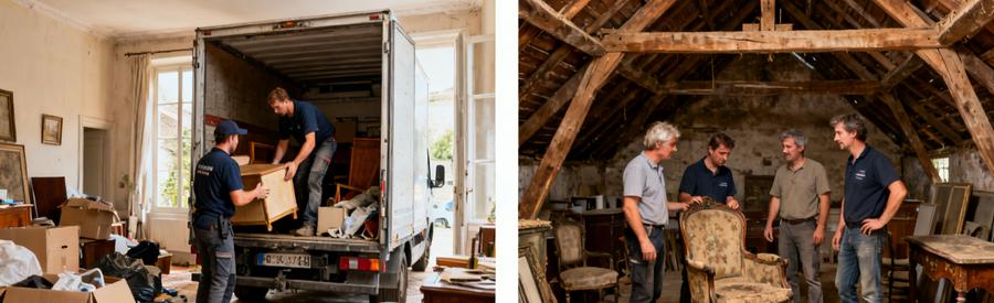 Scènes illustrant divers types de débarras à Eure : appartement en cours de vidage et grenier évalué par des professionnels.