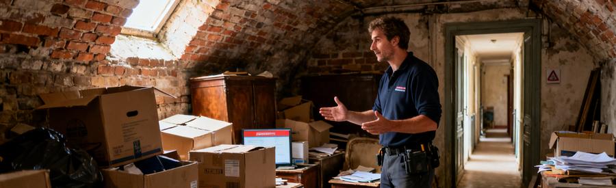Un débarras professionnel inspectant une cave encombrée à Évreux avec des cartons et anciens meubles.