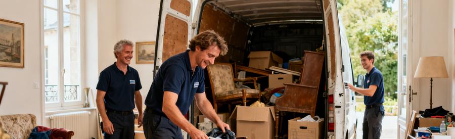Professionnels du débarras remplissant une camionnette à Fougères, sourires et efficacité en action.