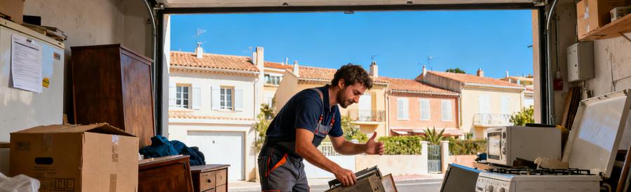 Un professionnel du débarras triant des objets dans un garage encombré à Fréjus, avec des maisons méditerranéennes en arrière-plan.