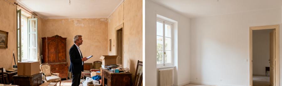 Scène de débarras à Fréjus montrant un appartement encombré puis vidé, illustrant les raisons de faire appel à un professionnel.