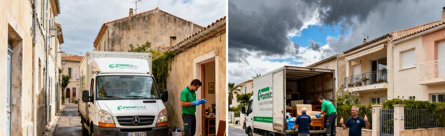 Débarreur inspectant des objets dans une rue étroite à Frontignan, et chargement facile d'une résidence à Frontignan-Plage.