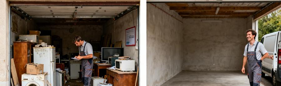 Avant et après le débarras d'un garage à Rillieux-la-Pape, montrant un professionnel en action.