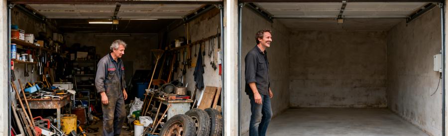 Avant et après le débarras d'un garage à Schiltigheim, montrant un espace encombré et ensuite vidé, avec un professionnel dans chaque scène.