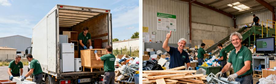 Débarrasseurs à Gradignan chargent un camion et triant des matériaux recyclables dans un centre de tri, soulignant l'importance du recyclage après débarras.