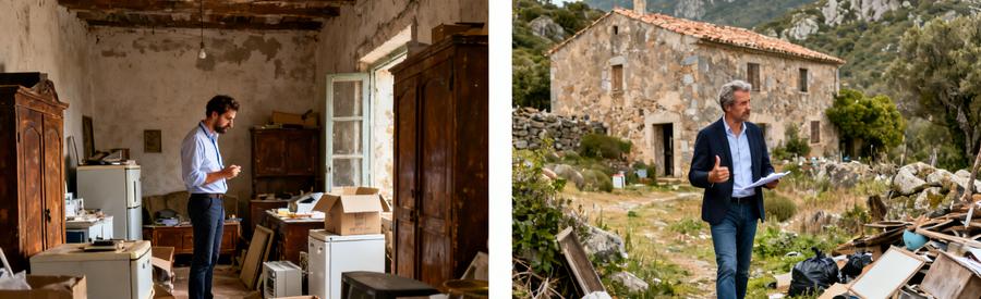 Deux professionnels évaluent des situations de débarras en Haute-Corse, un studio et un mas isolé, montrant leur expertise.