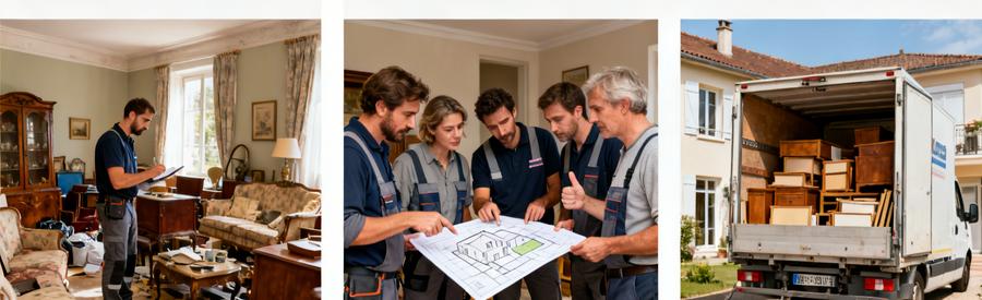 Professionnels du débarras en Haute-Corse évaluant et chargeant des objets à évacuer dans une camionnette.