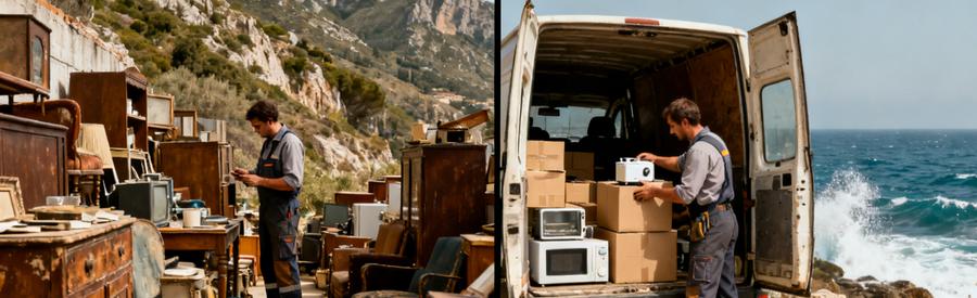 Professionnel du débarras inspectant des objets en montagne et chargeant une camionnette sur le littoral de Haute-Corse.