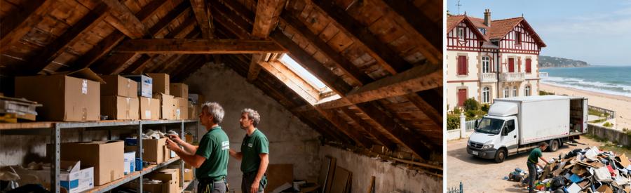 Professionnels évaluant un grenier dans une maison néo-basque à Hendaye, avec un camion de débarras à proximité.