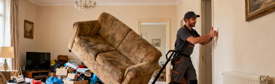 Un débarrasseur professionnel manipule un canapé dans un salon en veillant à ne pas abîmer les murs, illustrant les compétences requises.