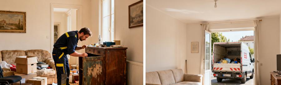 Débarras professionnel à Illzach : avant et après d'un salon débarrassé, camionnette prête à intervenir.