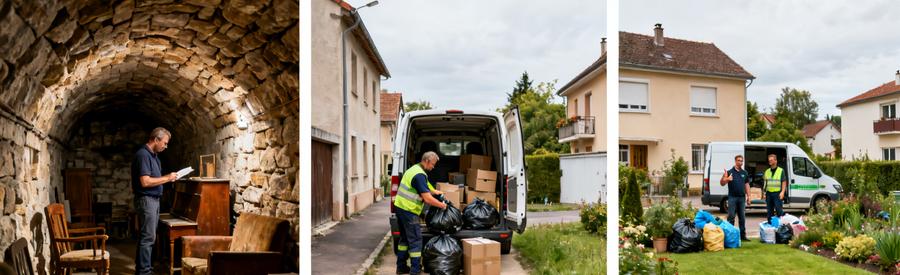 Trois scènes illustrant le débarras à Illzach : évaluation dans une cave, chargement dans une camionnette et un quartier résidentiel paisible.