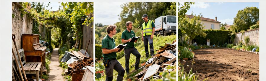 Équipe de débarrasseurs évaluant un jardin encombré, présentation avant/après du débarras.