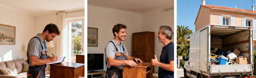 Un professionnel examine des meubles à La Seyne-sur-Mer, illustrant les étapes du débarras et l'interaction avec le client.