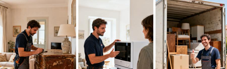 Débarrasseur évaluant un meuble ancien à La Valette-du-Var, montrant un électroménager au client, remplissant un camion.