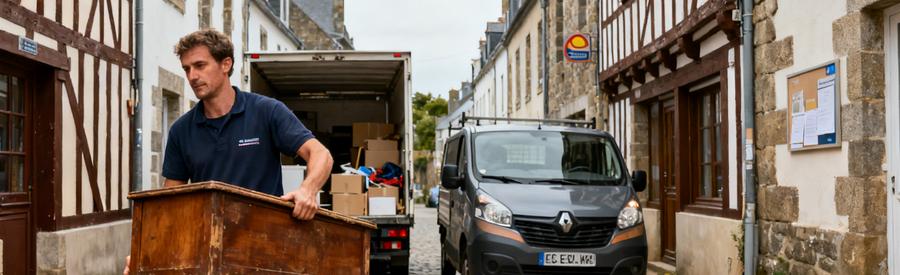 Un professionnel du débarras portant un meuble ancien dans une ruelle pavée de Lannion, avec un camionnettes compacte en arrière-plan.