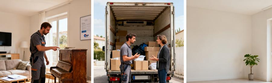 Comparaison de l'évaluation des objets à Lattes, chargement de camionnette et espace dégagé après débarras.