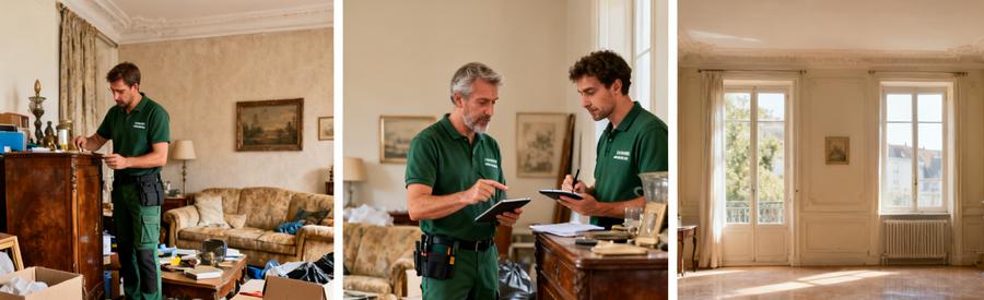 Professionnels du débarras au Mans évaluant des meubles avant et après le nettoyage d’un salon.