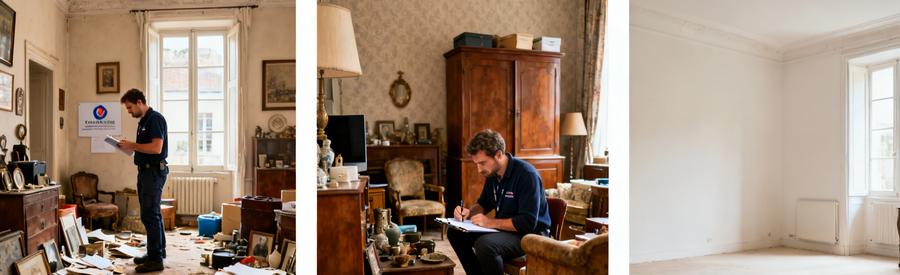 Professionnels en débarras inspectant et nettoyant une maison dans le Loiret après un décès, montrant le processus d’inventaire et de tri.