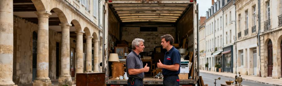 Deux professionnels discutent devant un garage rempli d'objets à Lons-le-Saunier, illustrant les défis logistiques du débarras.