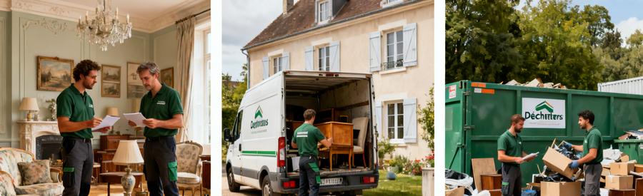 Comparatif de débarras à Lunéville, montrant des professionnels inspectant, chargeant, et l'accès à une déchetterie.