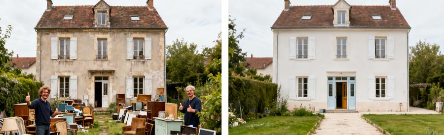 Avant et après le débarrassage d'une maison individuelle à Bruay-la-Buissière, illustrant la transformation d'un espace encombré en un intérieur propre.