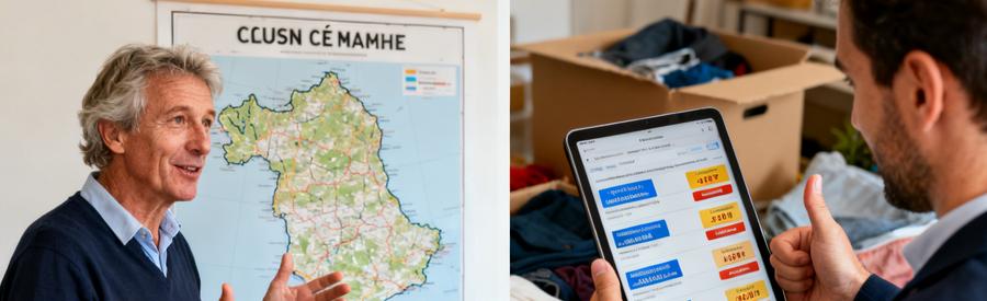 Client et débarras professionnel discutent des besoins dans la Manche, suivi d'une comparaison d'offres.