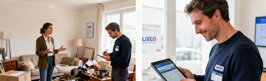 Scène illustrant le processus rapide et sans engagement de débarras à Manosque en trois étapes, avec un client satisfait.
